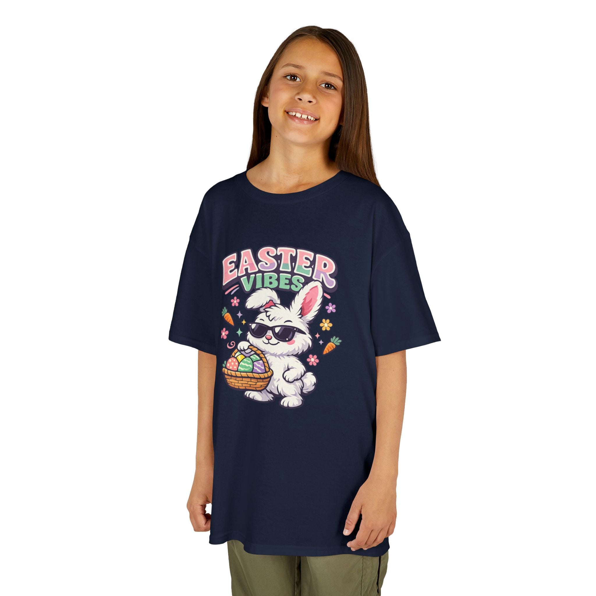 Kids Easter Vibes Tee — Cool Bunny with Egg Basket - InkAndThreadPrints