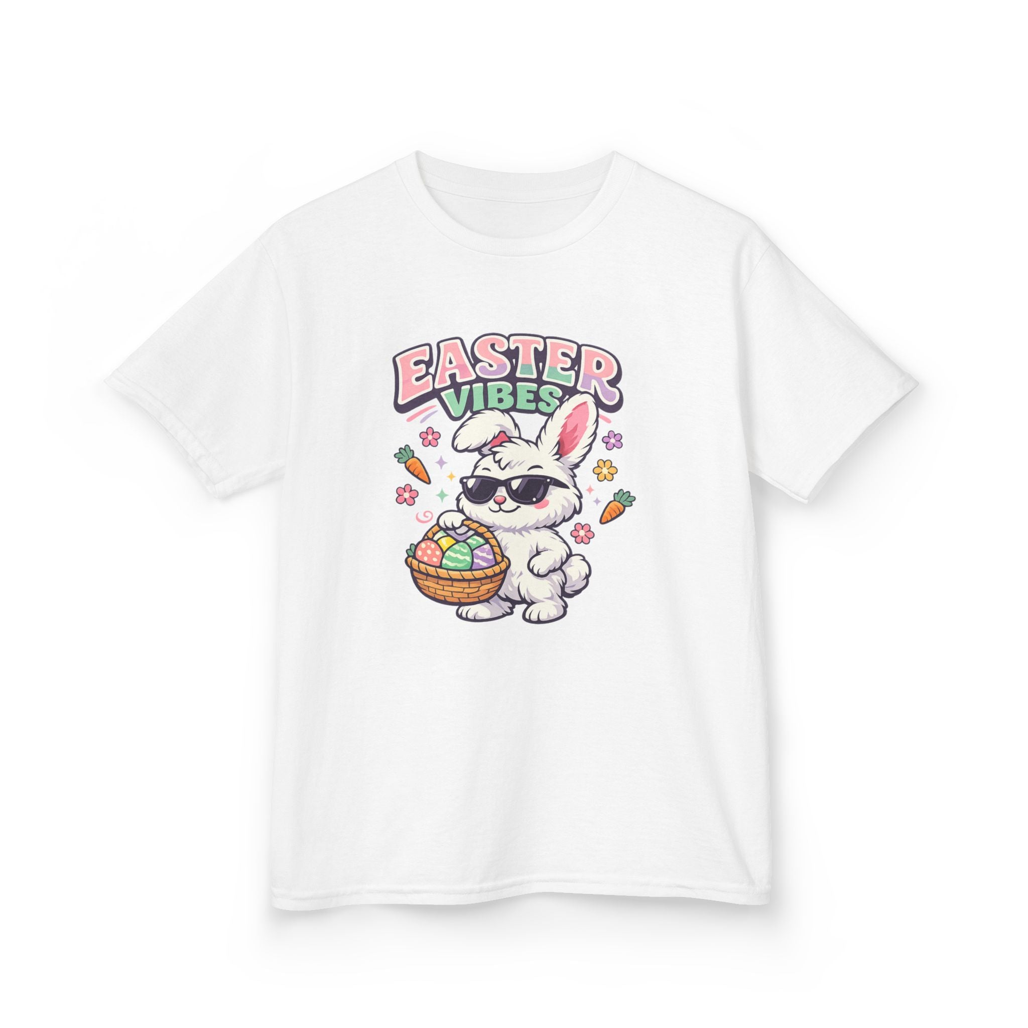 Kids Easter Vibes Tee — Cool Bunny with Egg Basket - InkAndThreadPrints