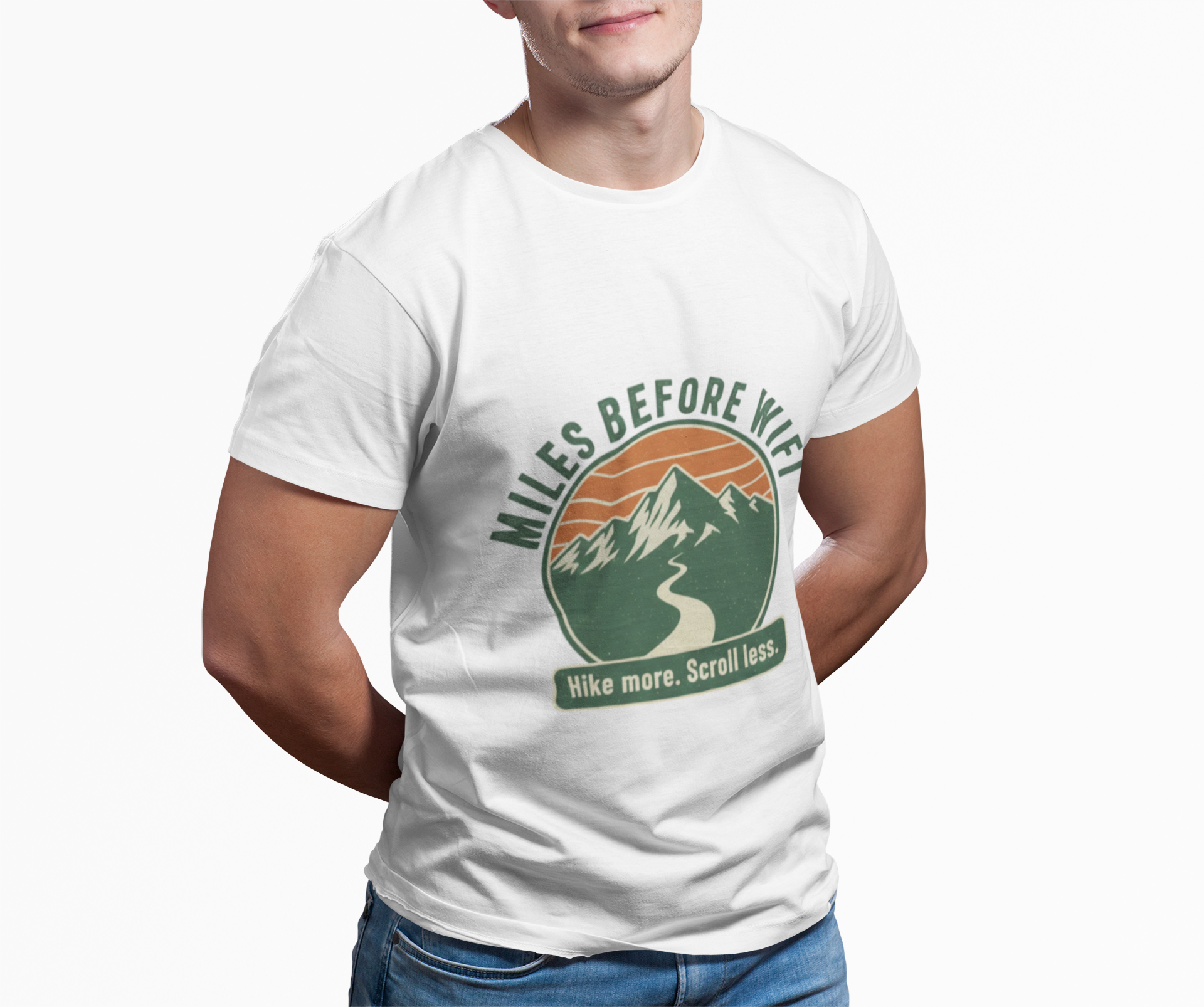 Miles Before WiFi Hiking T-Shirt — "Hike More, Scroll Less" Outdoor Adventure Tee - InkAndThreadPrints