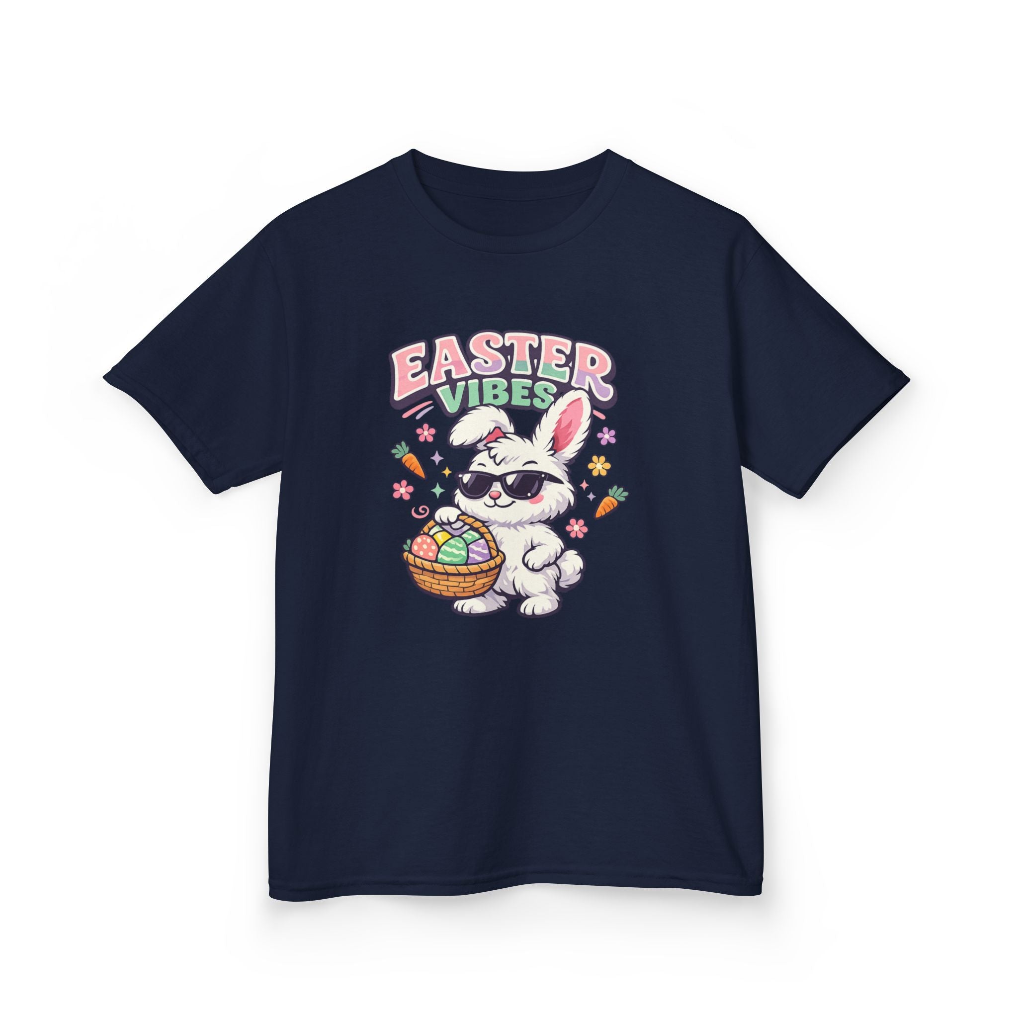 Kids Easter Vibes Tee — Cool Bunny with Egg Basket - InkAndThreadPrints