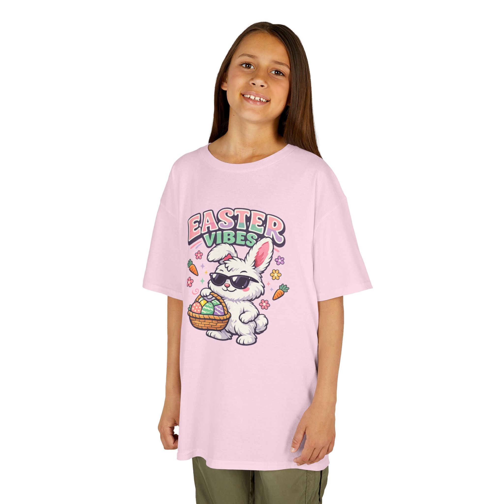 Kids Easter Vibes Tee — Cool Bunny with Egg Basket - InkAndThreadPrints