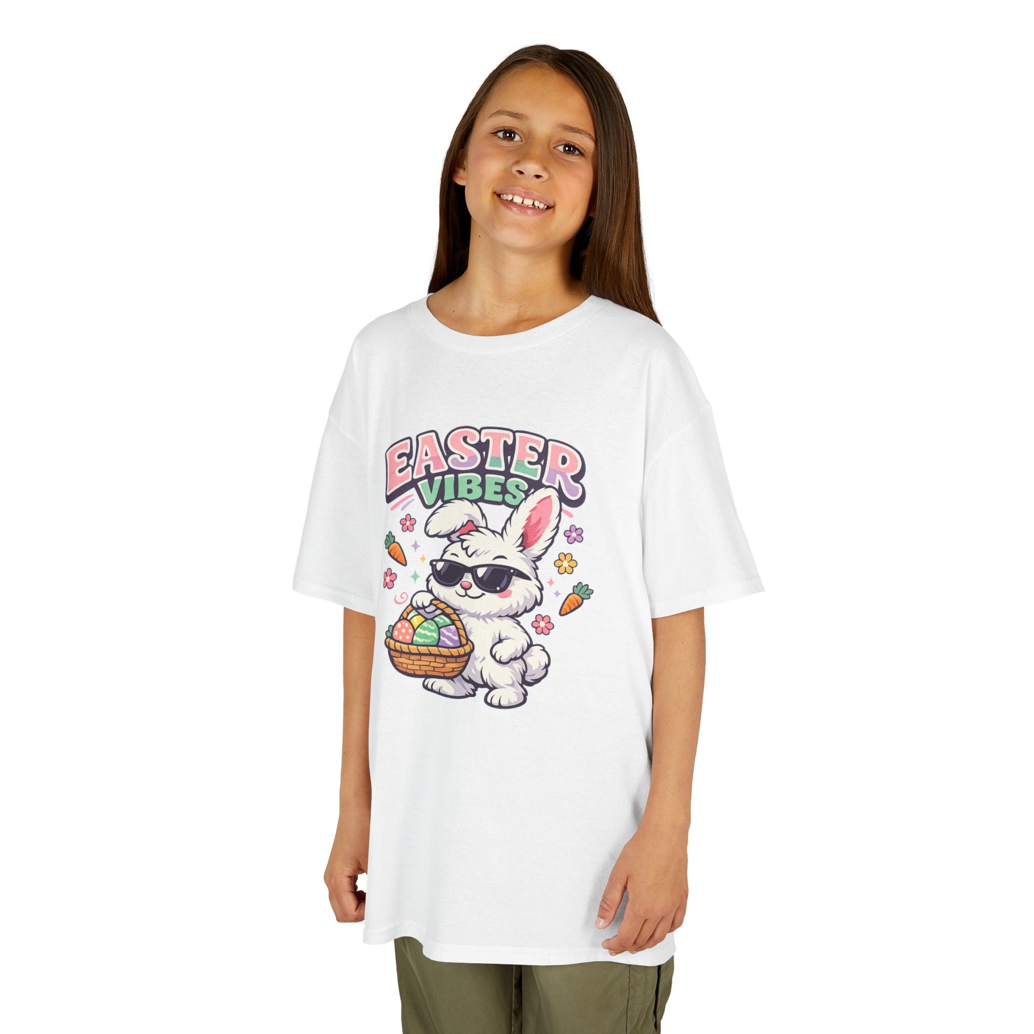 Kids Easter Vibes Tee — Cool Bunny with Egg Basket - InkAndThreadPrints