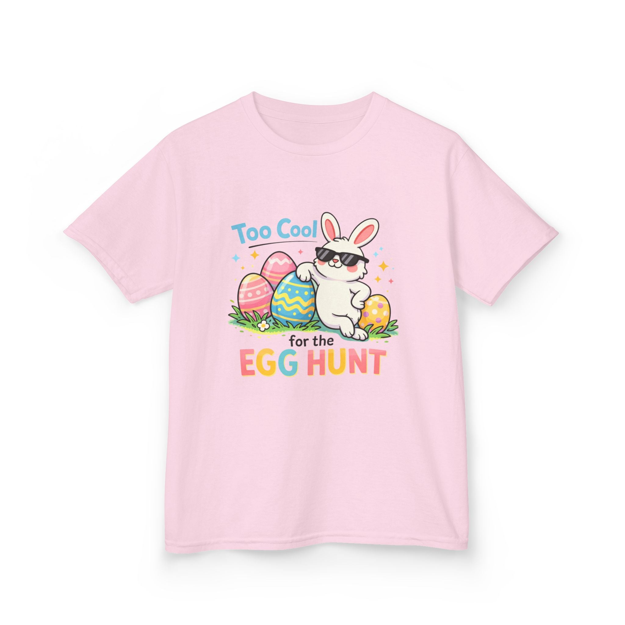 Kids Tee — "Too Cool for the Egg Hunt" Easter Bunny Graphic - InkAndThreadPrints