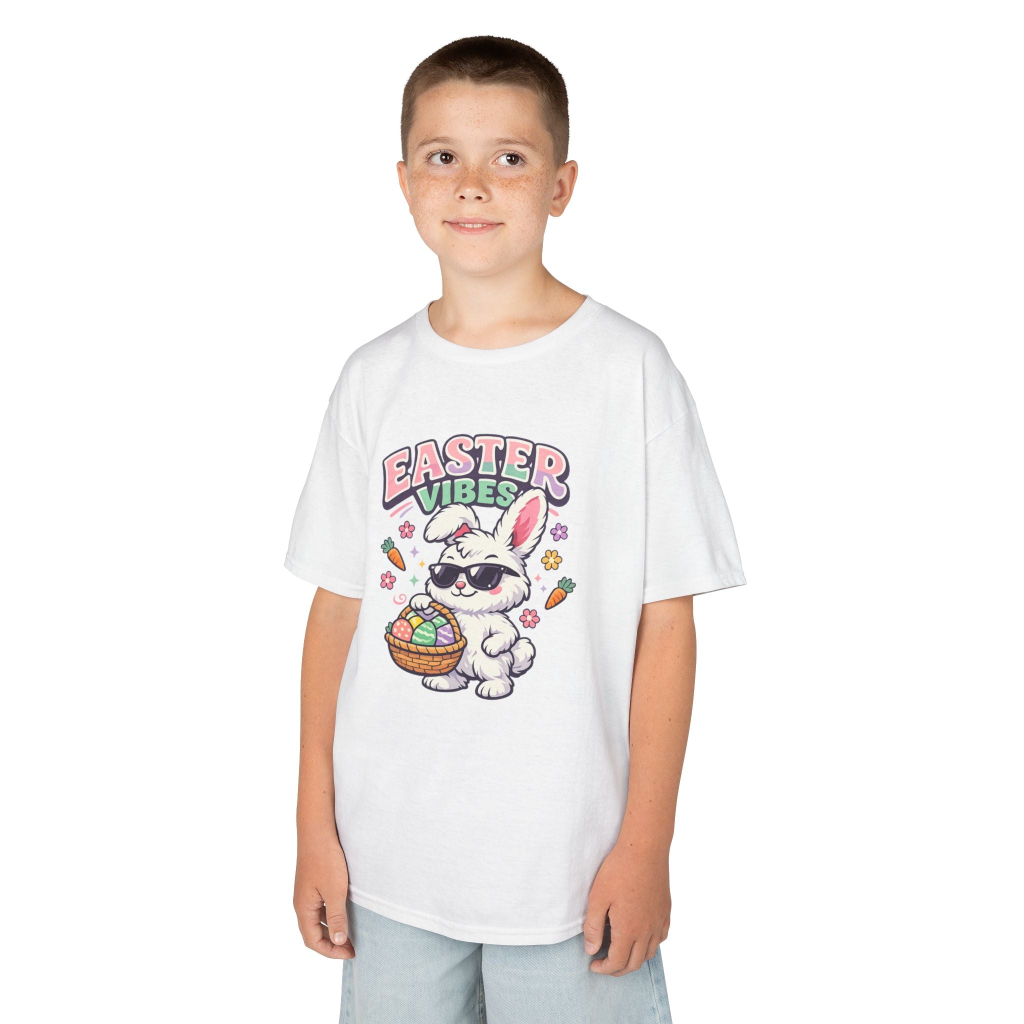 Kids Easter Vibes Tee — Cool Bunny with Egg Basket - InkAndThreadPrints