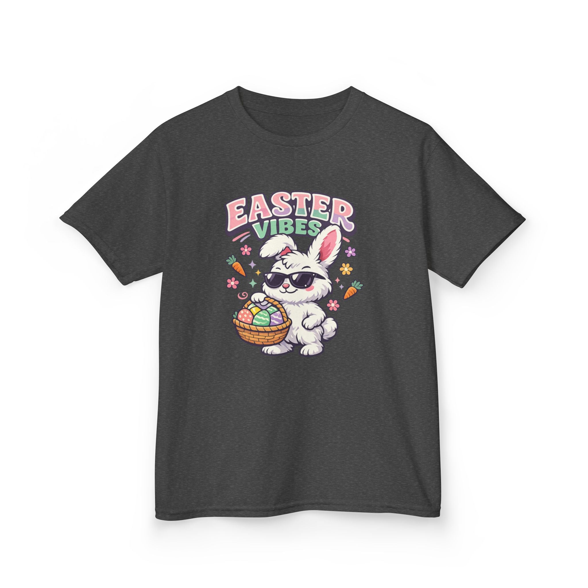 Kids Easter Vibes Tee — Cool Bunny with Egg Basket - InkAndThreadPrints