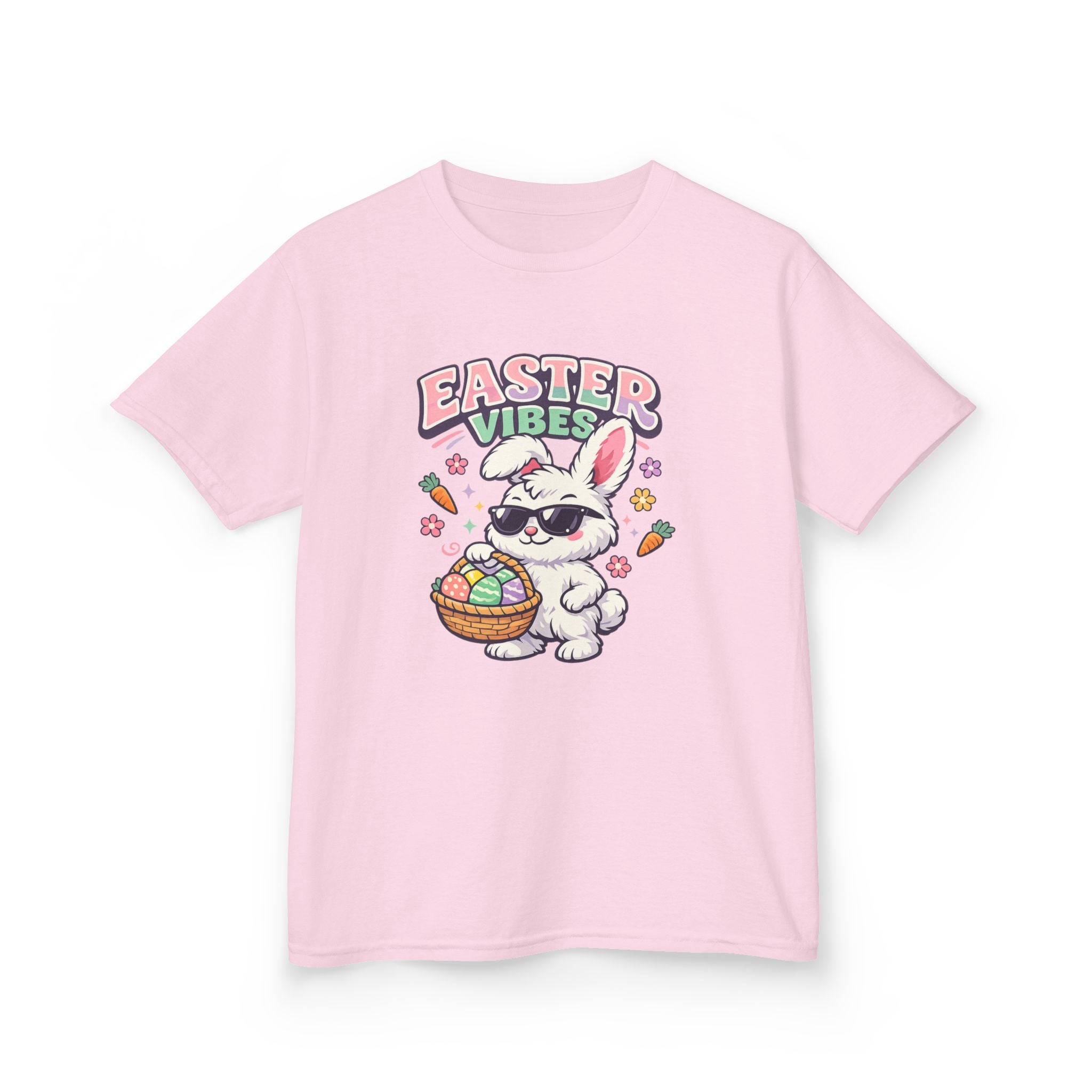 Kids Easter Vibes Tee — Cool Bunny with Egg Basket - InkAndThreadPrints