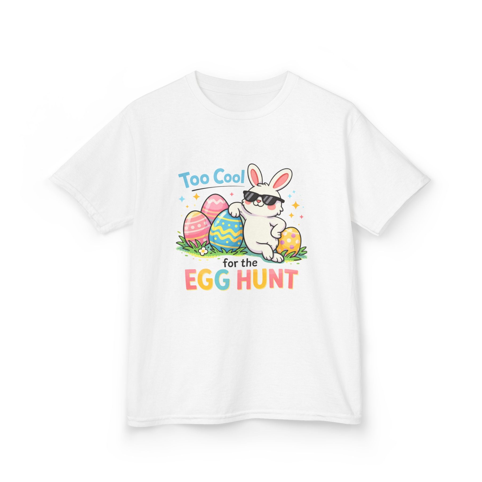 Kids Tee — "Too Cool for the Egg Hunt" Easter Bunny Graphic - InkAndThreadPrints