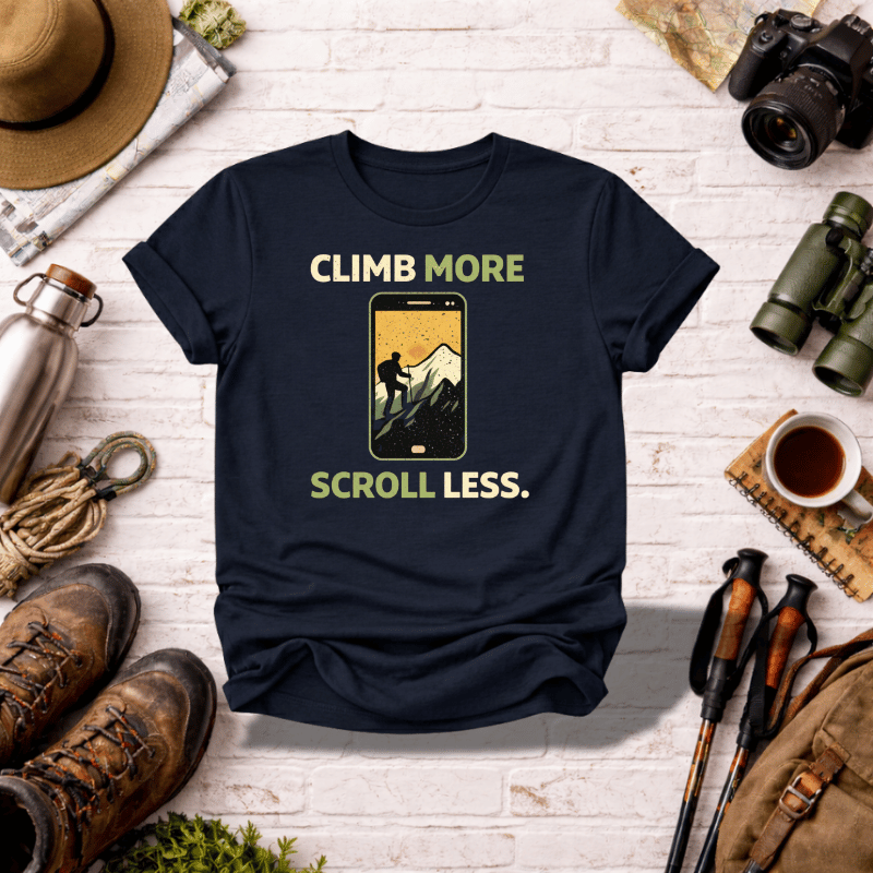 Climb More Scroll Less T‑Shirt - InkAndThreadPrints